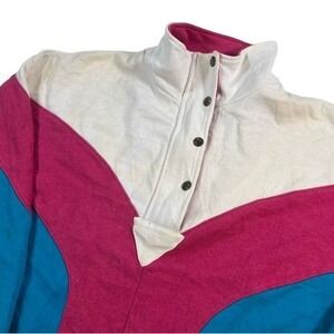 Vintage Color Block Sweater Women Medium White Blue Pink 1/4 Zip Fleece Westside